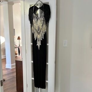 Black and Silver Fringe Evening Gown